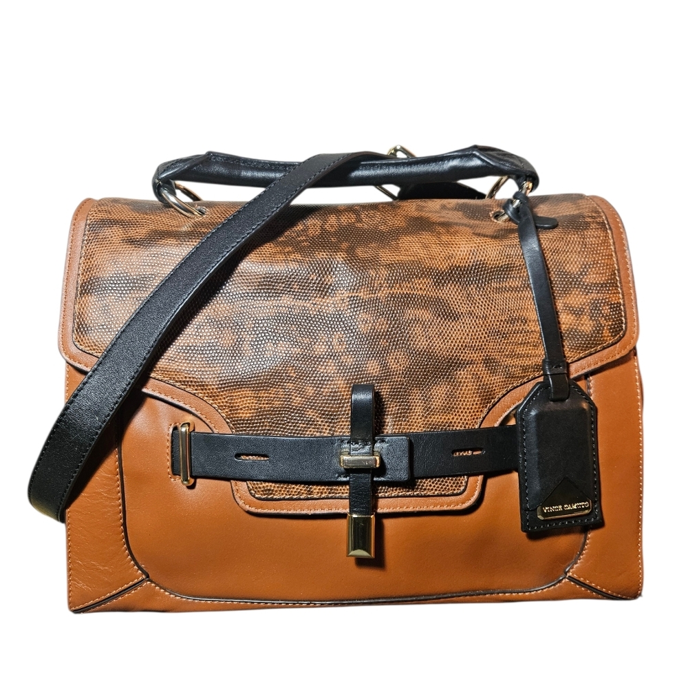 Vince Camuto Max Brown Snakeskin Embossed Leather Briefcase Style Satchel Bag